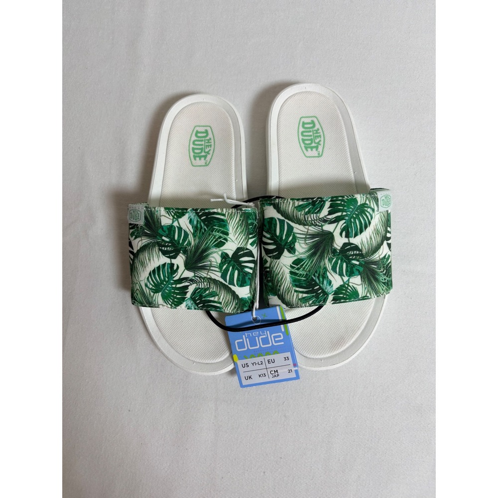 Hey Dude Chandler Youth Slides Size 1-2 Summerdendron New Tropical Palm Sandals